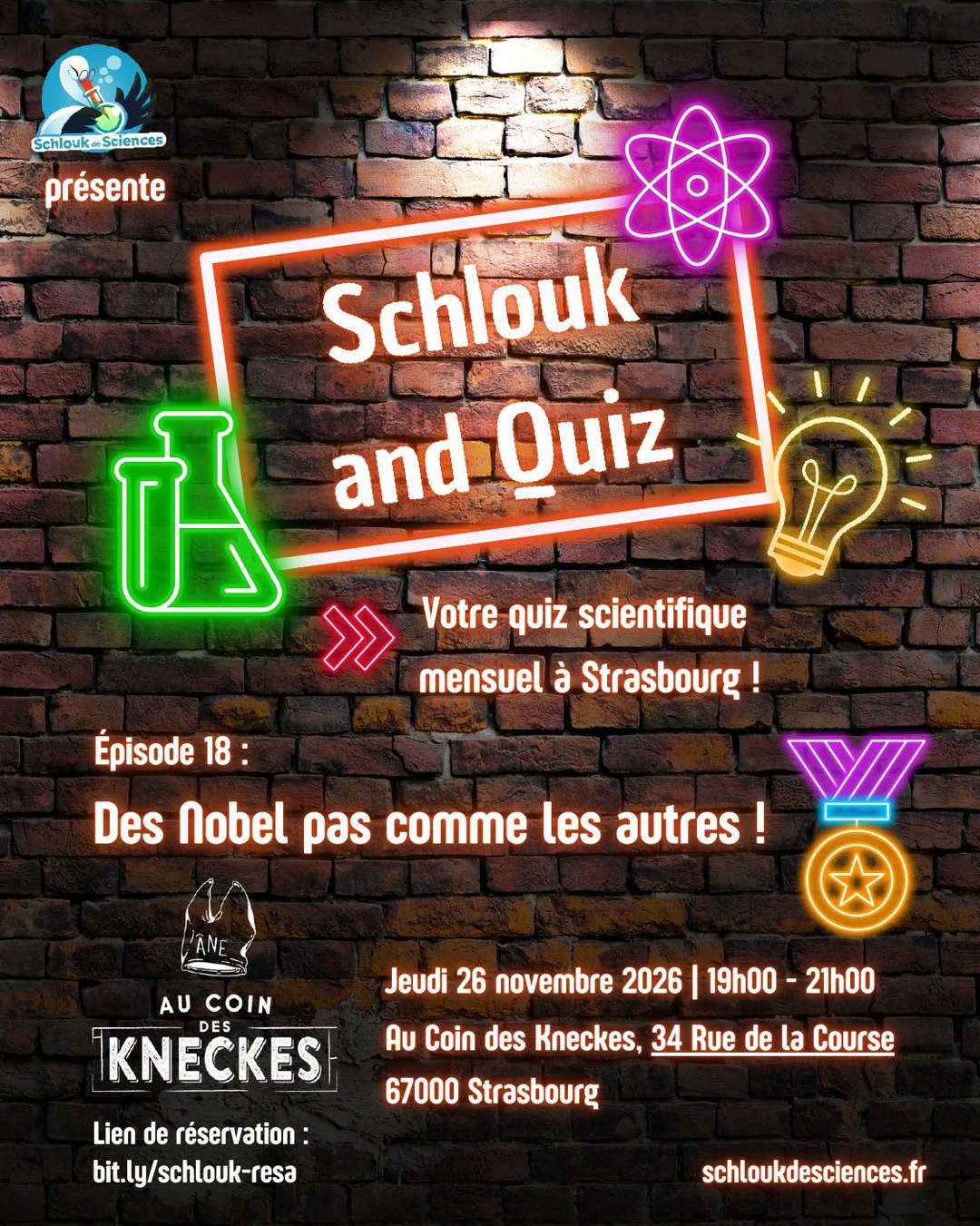 Affiche Schlouk and Quiz, épisode 18 « Des Nobel pas comme les autres ! » : jeudi 26 novembre 2026, 19h–21h, Au Coin des Kneckes, 34 rue de la Course, Strasbourg. Réservation : bit.ly/schlouk-resa